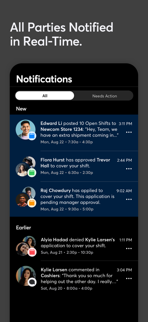 Shyft - Shift Swap, Schedule - Shyft App-Bildschirm mit Echtzeit-Benachrichtigungen für Schichtwechsel und Team-Updates.