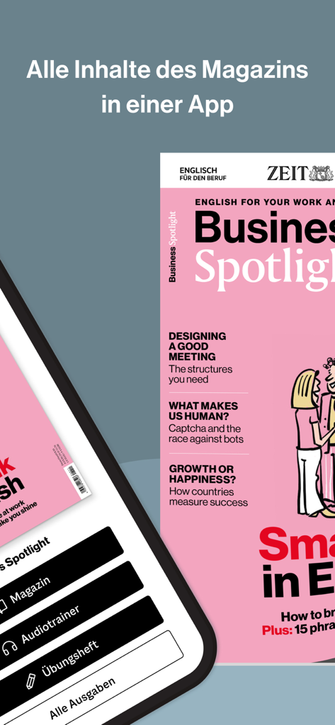 Interface of the Business Spotlight English learning app showing the magazine menu and digital cover page