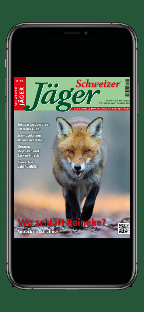 Digital magazine cover of Schweizer Jäger app featuring a fox