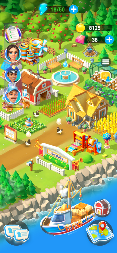 Goodville: Farm Game Adventure - A colorful overhead view of a farm in Goodville featuring crops animals and a house by the water