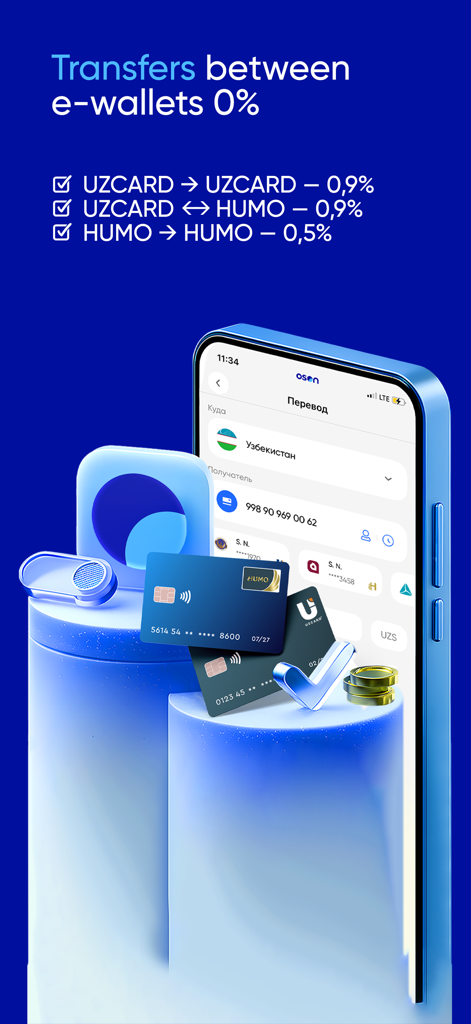 OSON app interface showing transaction fees for transfers between UZCARD and HUMO cards.