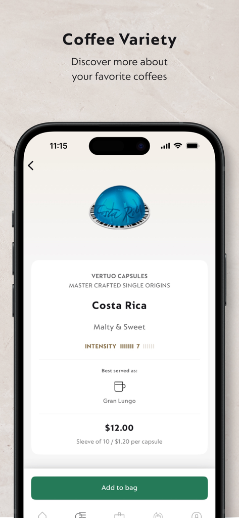 Nespresso Store - Nespresso Storeアプリの画面に、コスタリカコーヒーカプセルの製品詳細が表示されており、フレーバープロファイルと価格が含まれています。