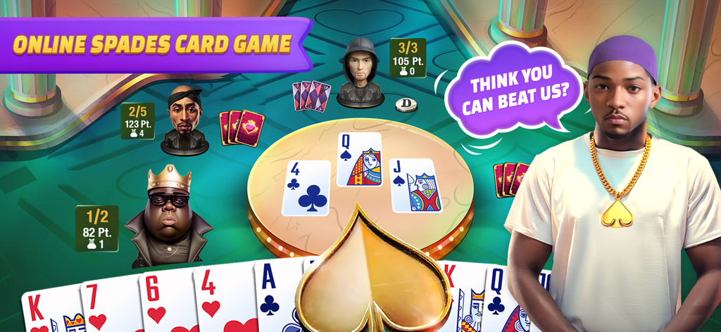 Spades Royale - Un match de spades en ligne à 4 joueurs dans Spades Royale, présentant des avatars de personnages uniques et une atmosphère de casino compétitive.