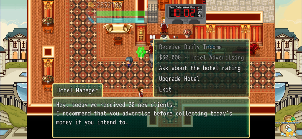 A pixel art RPG gameplay screen showing hotel management options and daily income collection