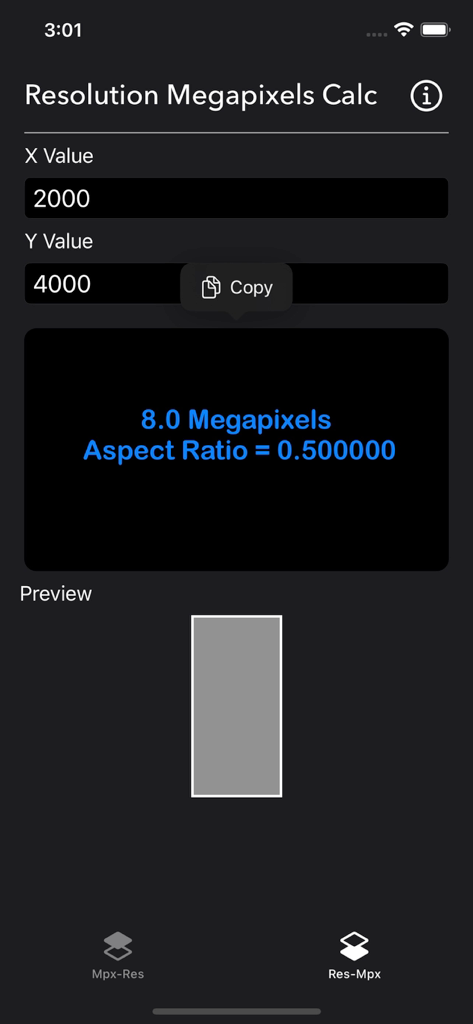 Megapixels Resolution Calc - Megapixels Resolution Calc app interface calculating megapixels and aspect ratio from pixel dimensions
