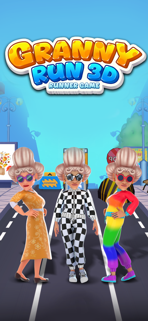 Granny Run 3D runner Game - Three funny granny characters wearing stylish outfits in Granny Run 3D game