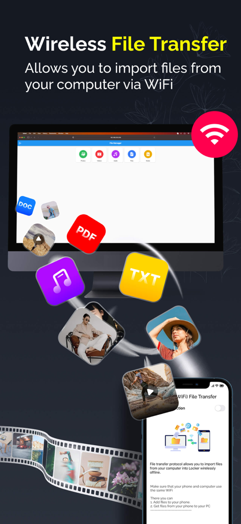 Infographie montrant le transfert de fichiers sans fil d'un ordinateur vers l'application Gallery Lock via WiFi