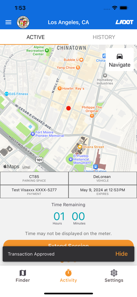 Park Smarter - Interfaz de la aplicación móvil Park Smarter que muestra un mapa de sesión de estacionamiento activa y un temporizador de cuenta regresiva en Los Ángeles