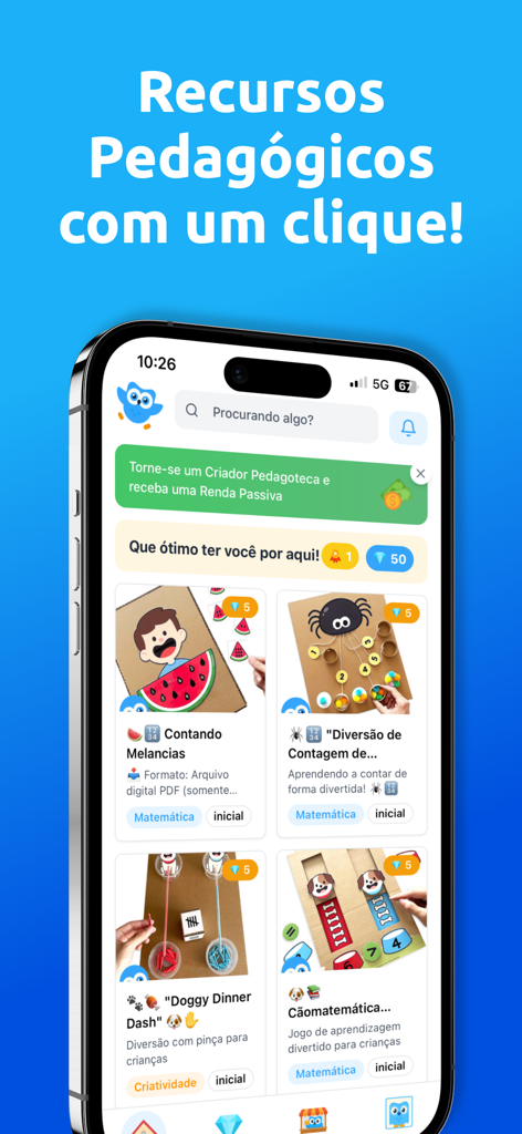 Pedagoteca - Screenshot of the Pedagoteca app showing educational math and creativity activities for kids