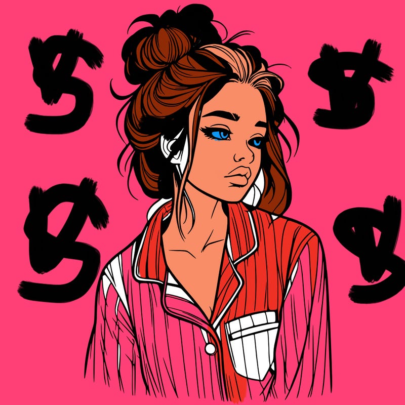 realistic woman with pajamas on and a messy bun