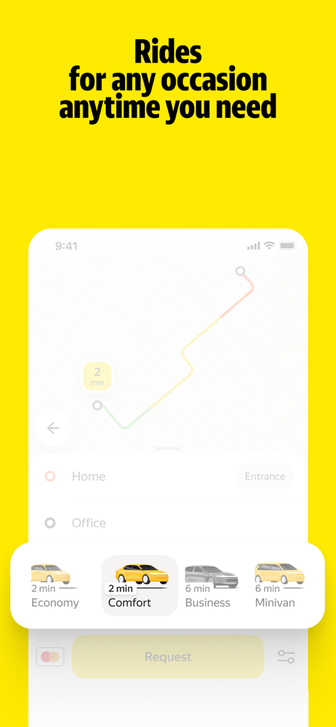 Yandex Go app interface showing taxi ride categories including Economy Comfort Business and Minivan on a map route