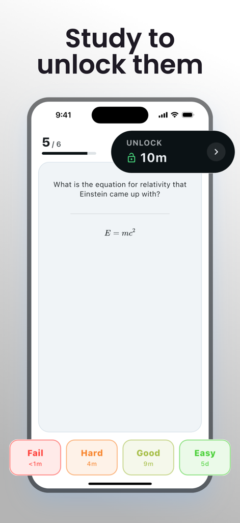 Study G: Student App Blocker - Interfaz de la aplicación móvil Study G con una sesión de estudio de tarjetas de memoria para desbloquear aplicaciones restringidas