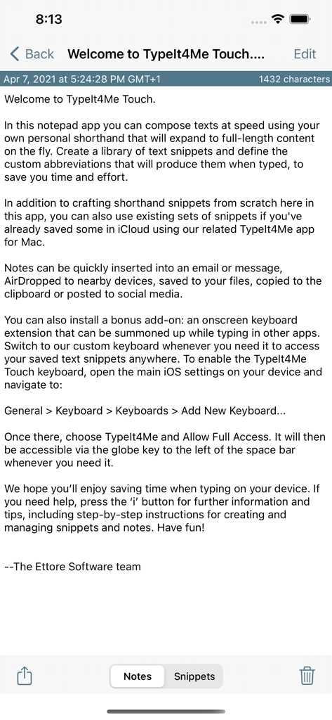 TypeIt4Me Touch - Welcome screen of TypeIt4Me Touch app displaying an introduction to text expansion features