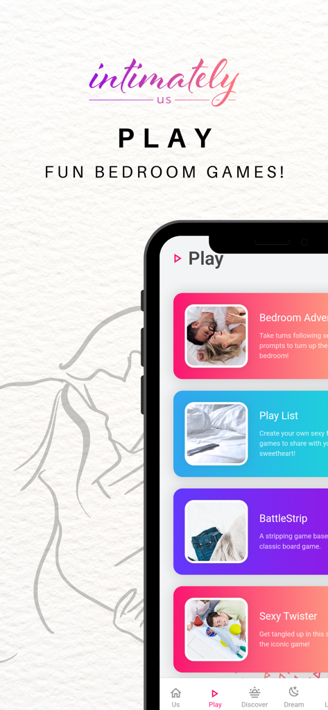 Captura de pantalla de la aplicación Intimately Us mostrando una variedad de juegos divertidos en la alcoba para parejas como Aventura en la Alcoba y Batalla de Ropa