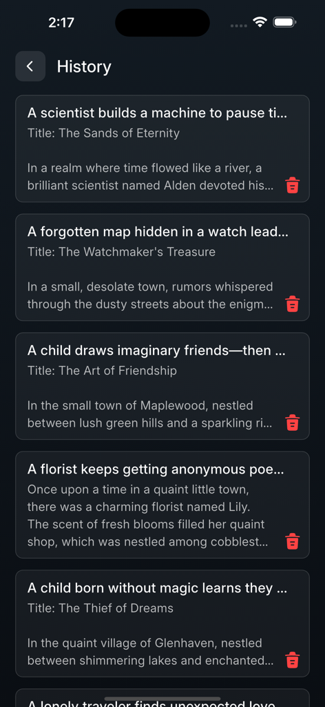 AI Story Creator - Novel Book - History screen showing a list of AI generated story titles and summaries