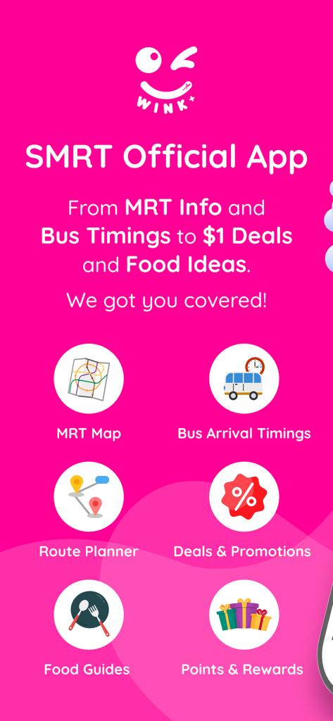 WINK+ SMRT official app splash screen showing features like MRT map and bus timings