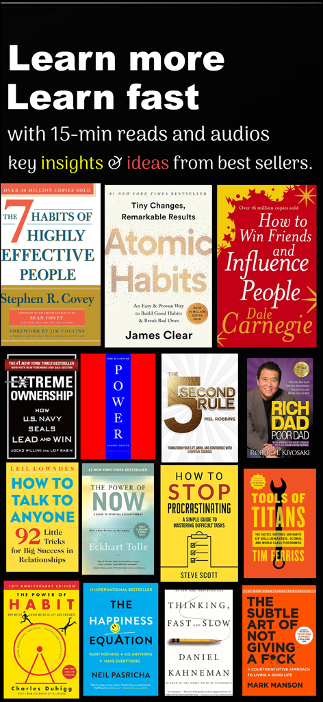 ReadBay: Book Summaries - A collection of bestselling book covers including Atomic Habits and The 7 Habits of Highly Effective People available as quick summaries on ReadBay.