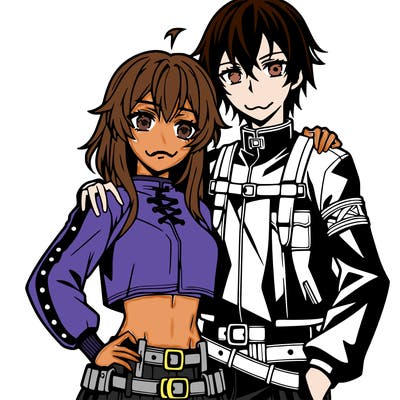 anime girl wearing a long sleeve crop top and anime guy wearing a leather jacket and hugging her