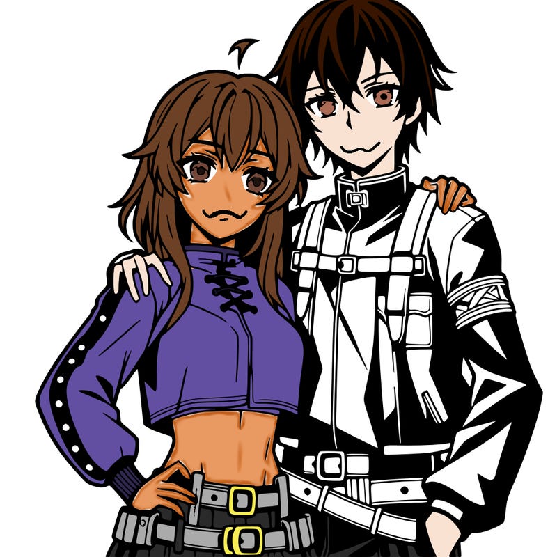 anime girl wearing a long sleeve crop top and anime guy wearing a leather jacket and hugging her