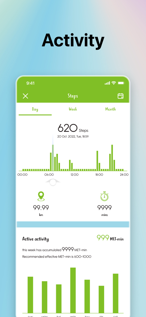 TIKKERS TIME - Pantalla de seguimiento de actividad en la aplicación Tikkers Time que muestra el recuento diario de pasos y los datos de intensidad de la actividad.