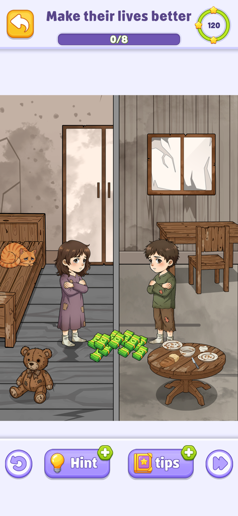 Tricky Story 2: Brain Twist - A brain puzzle game level where players must help two children living in poverty by using logical clues