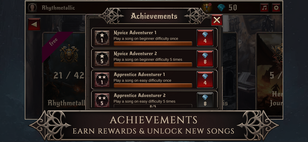 Écran des succès dans Rhythmetallic montrant divers objectifs de difficulté et récompenses en gemmes