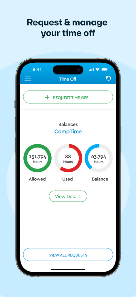 Fingercheck Mobile app interface showing time off balances and request options