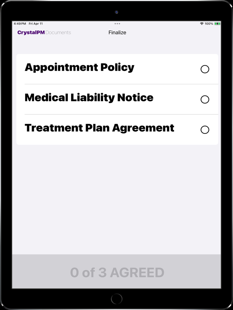 CrystalPM Signature Capture - A list of medical documents including Appointment Policy and Medical Liability Notice on an iPad for patient agreement.