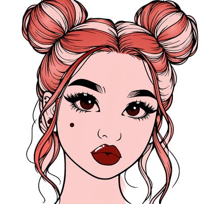 realistic girl with two buns on her hair and lips