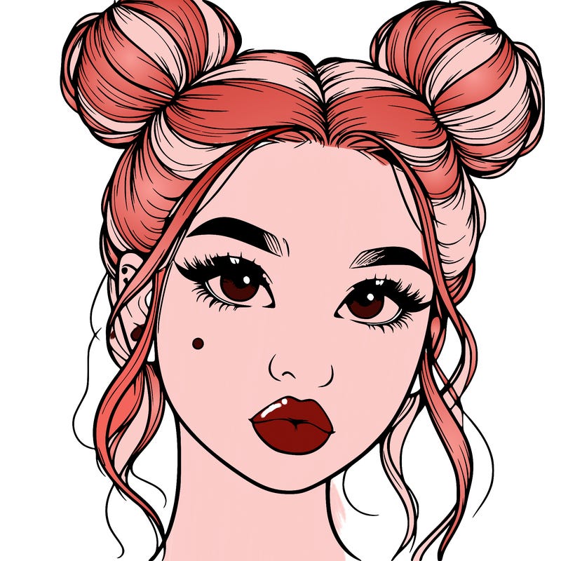 realistic girl with two buns on her hair and lips