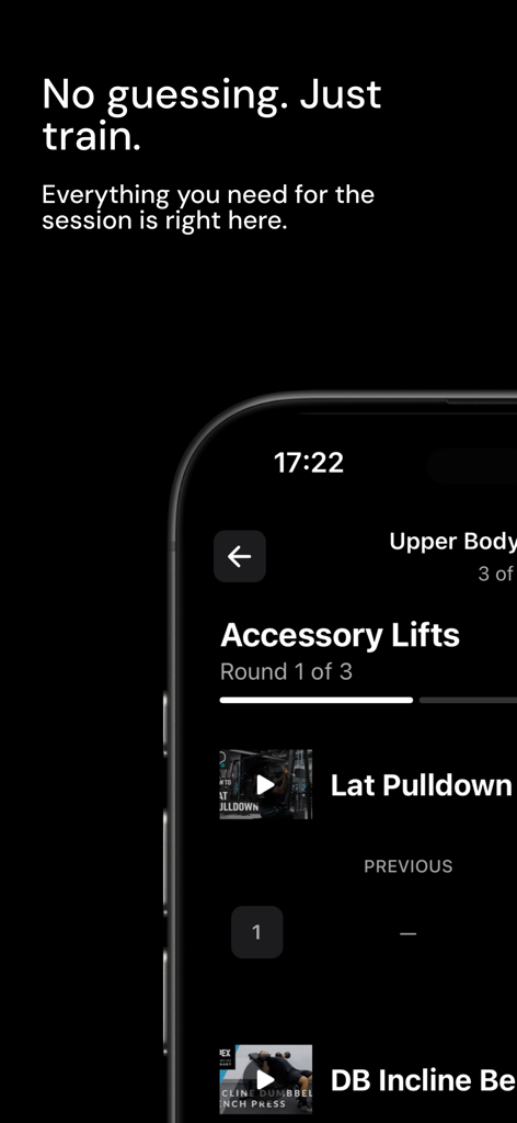 Relay Athletic - Interface do aplicativo móvel Relay Athletic mostrando uma sessão de treino prescrita pelo treinador com levantamentos acessórios e prévias de vídeos de exercícios.