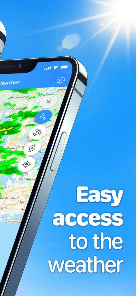 iPhone screen showing a live weather radar map with rain tracking and the text Easy access to the weather