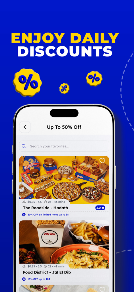 Tekram Delivery - Mobile app screen for Tekram Delivery showing daily discounts and a list of restaurants with special offers like up to 50 percent off.