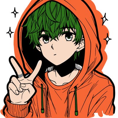 teenage manga boy in a hoodie, doing ✌