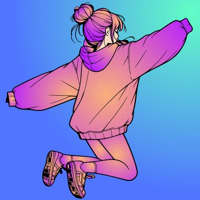 realistic girl jumping with a bun and oversized sweatshirt