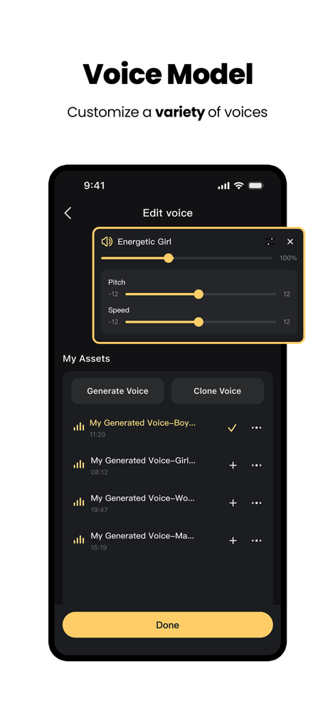 Interface of Talkie Lab app showing AI voice customization settings for pitch and speed