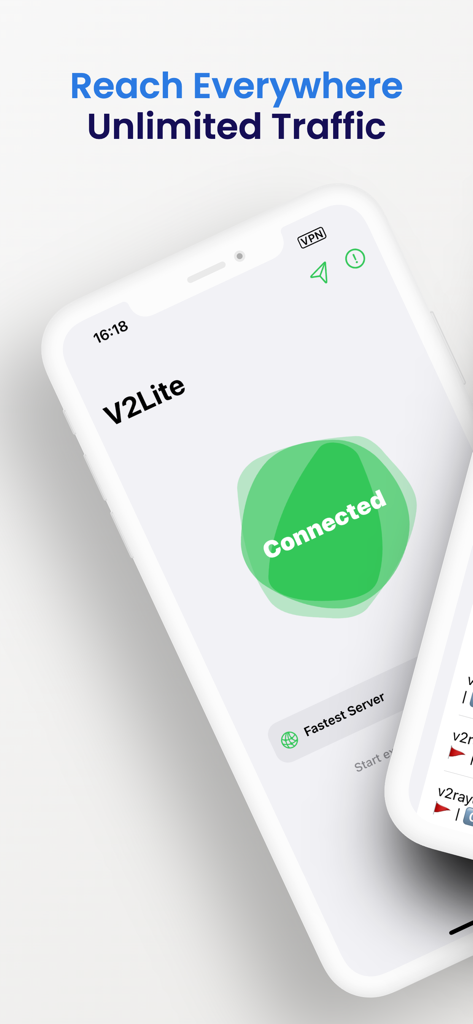 V2Lite VPN 앱 인터페이스에 연결 상태와 무제한 트래픽 헤더가 표시됩니다.