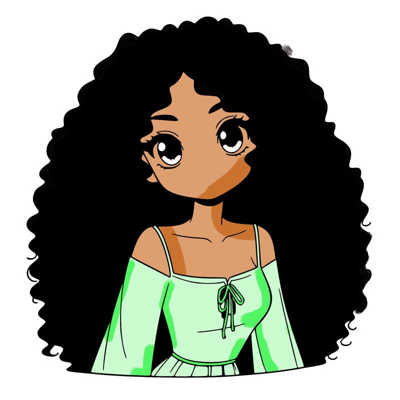 a black anime girl with long afro hair