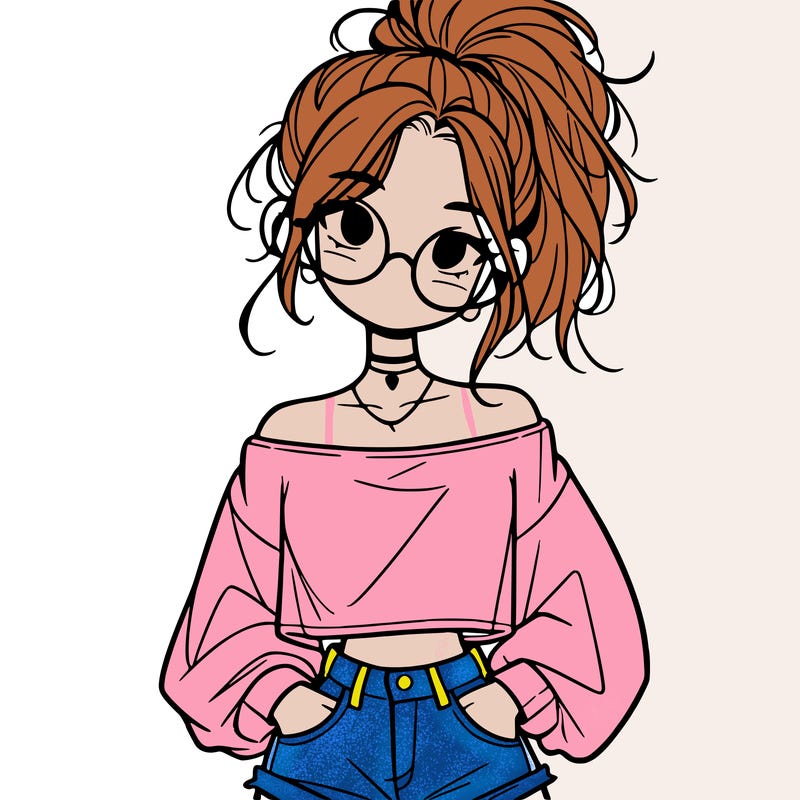 girl with a messy ponytail glasses a baggy crop top and jean shorts