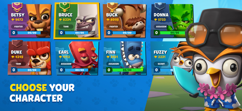 Zooba: Zoo Battle Royale Games - Character selection screen in Zooba showing various anthropomorphic animal heroes with their names and classes like Tank and Assassin.