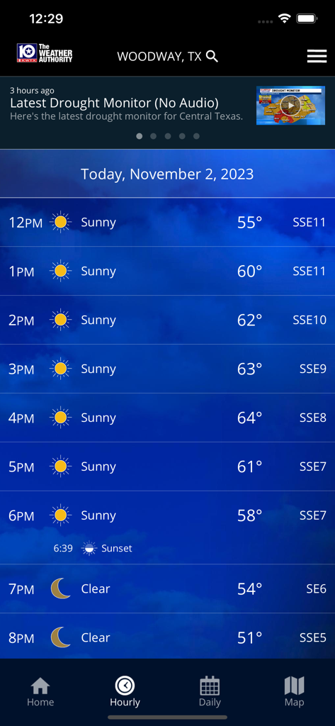 KWTX Weather app screen displaying an hourly forecast for Woodway Texas with temperatures and sunny conditions