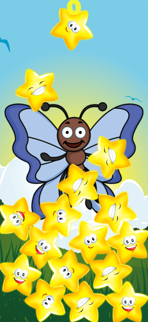 Toddler Animal Pop - カラフルな幼児向けゲームの、笑顔の黄色い星に囲まれた漫画の蝶。