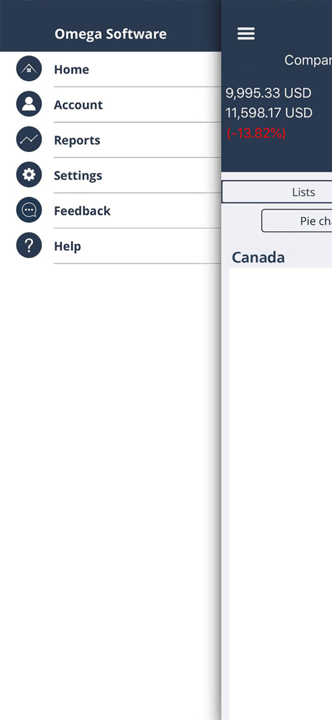 OTrack - OTrack app navigation sidebar showing menu options like Reports, Account, and Settings