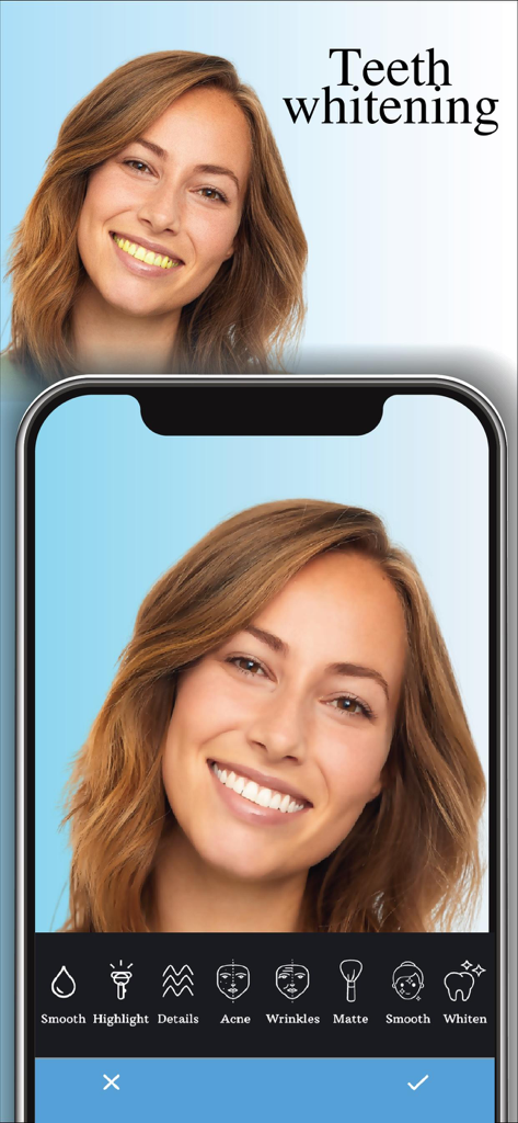 Perfect Face: AI Makeup Editor - Before and after comparison of teeth whitening feature in Perfect Face AI Makeup Editor