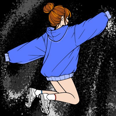 realistic girl jumping with a bun and oversized sweatshirt
