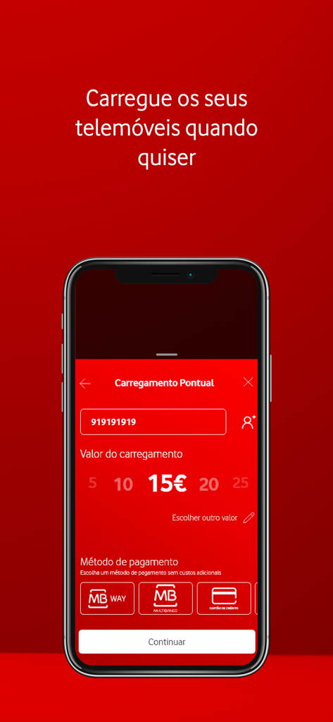 Interfaz de la aplicación My Vodafone Portugal para recarga de teléfono móvil que muestra las opciones de pago y la selección de la cantidad.