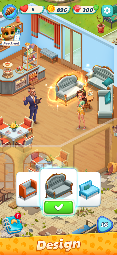 Sweet Dreams: Bakery Adventure - Una pantalla de juego de Sweet Dreams Bakery Adventure que muestra a Eva personalizando su panadería eligiendo entre diferentes diseños de sofás.