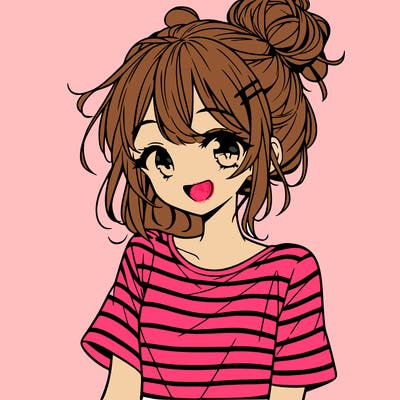 anime girl teenager striped shirt and smile and messy bun