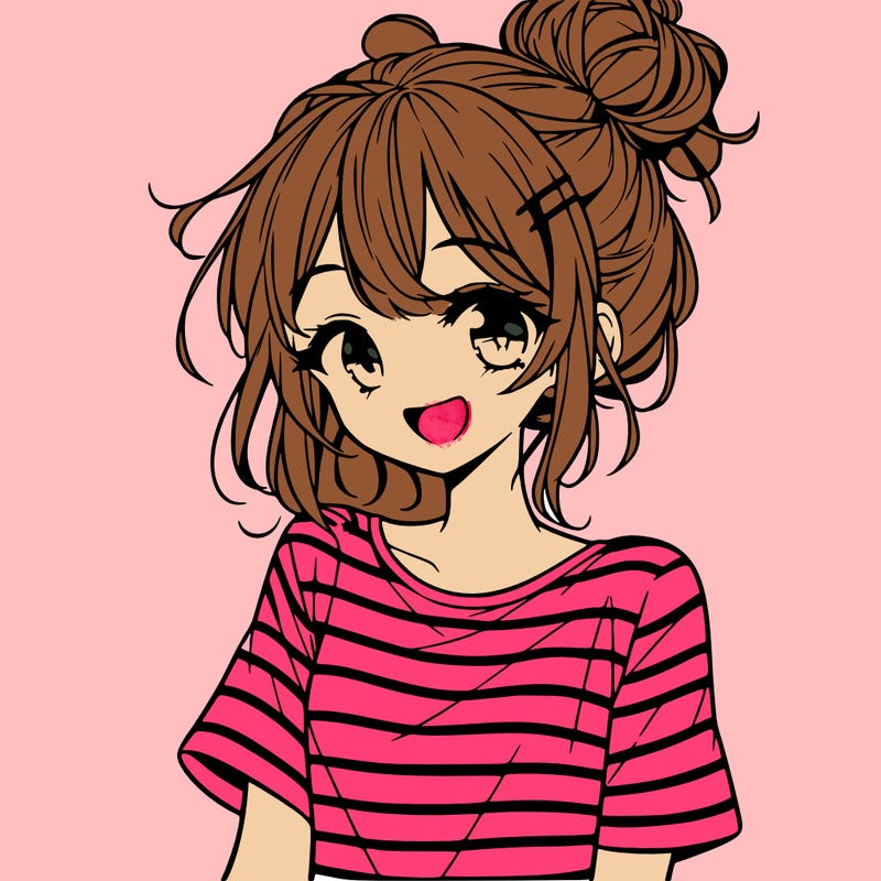 anime girl teenager striped shirt and smile and messy bun