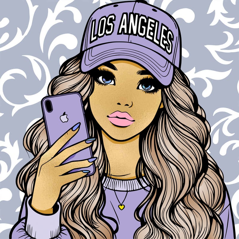 realistic beautiful girl wearing los ángeles cap holding an iphone